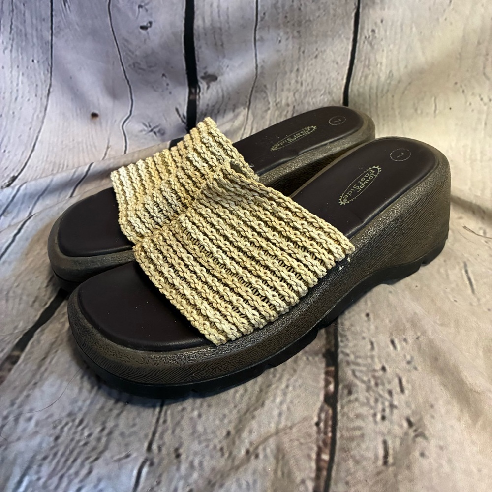 VTG 90s Y2K Lower East Side Faux‎ Wood Platform Fabric Slip On Sandals Size 7